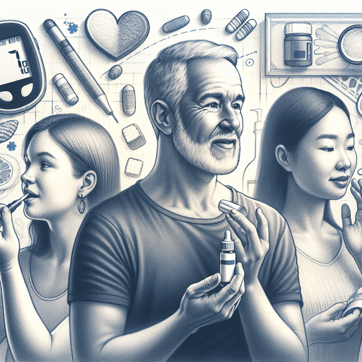 Ilustrace ve stylu tužky zobrazuje bělošku, která si nanáší krém na obličej, hispánského muže, který kontroluje svůj glukometr, a asiatku, která si ap