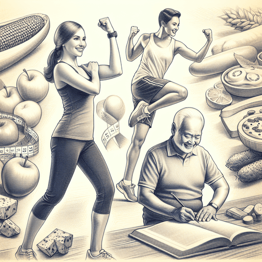Pencil sketch znázorňující bělošku a východoasijského muže, kteří se věnují cvičebním rutinám a připravují zdravá jídla, obklopeni pozadím různých dru