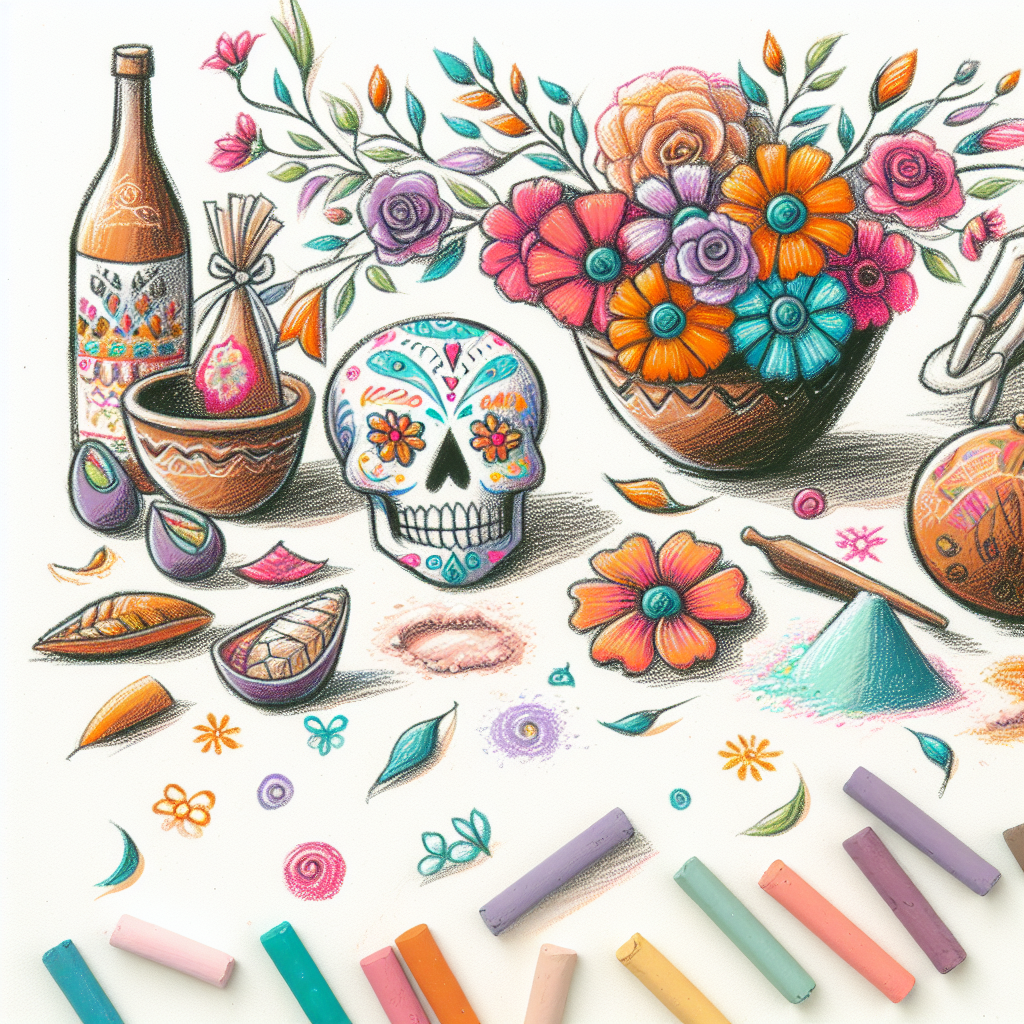 Pastelková ilustrace znázorňující téma: Día de los Muertos