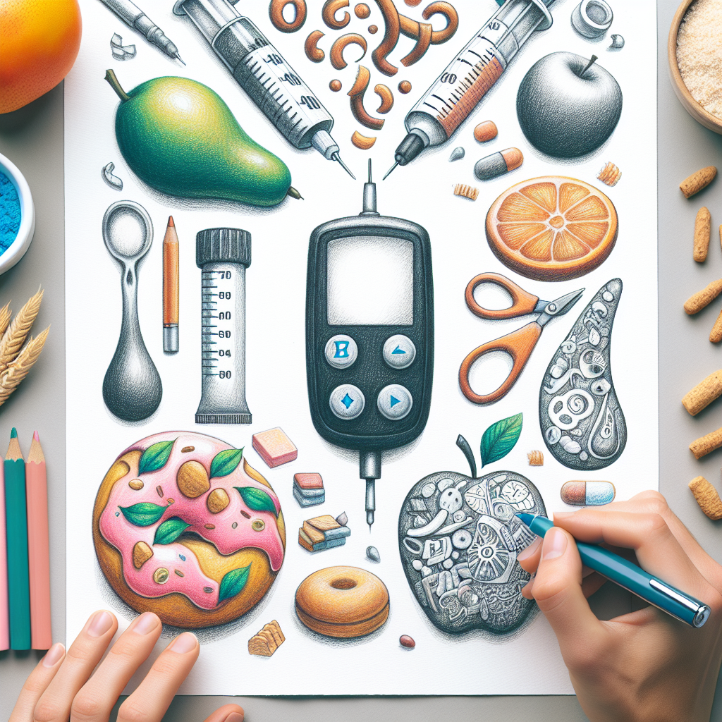 Pastelková ilustrace znázorňující téma: Cukrovka a výživa
