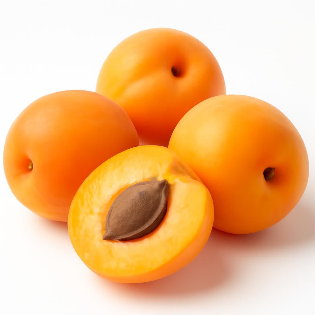 Four fresh apricots, one halved to show the brown seed inside, on a white background